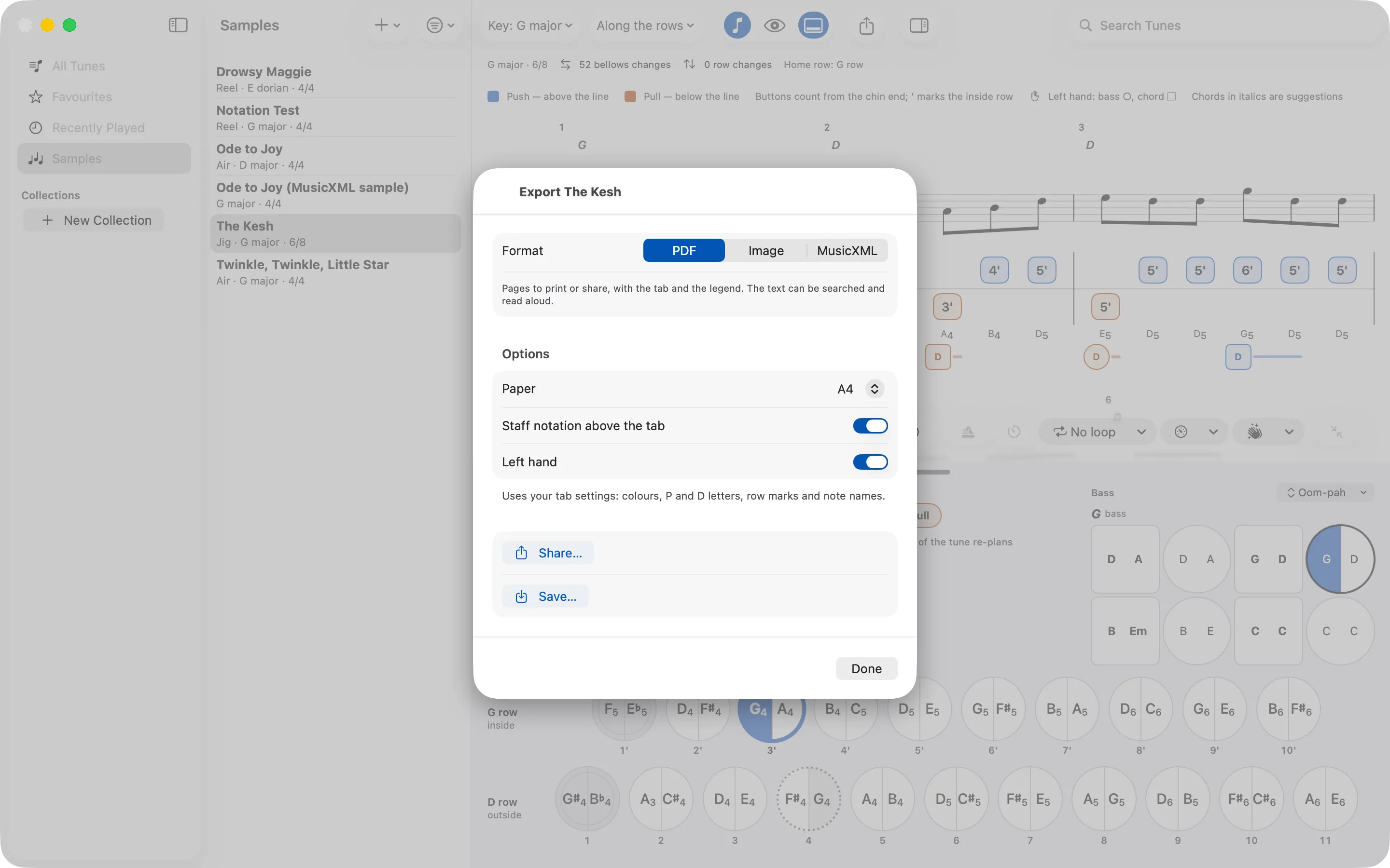 The export panel with PDF, Image and MusicXML options, paper size, staff notation and left hand switches