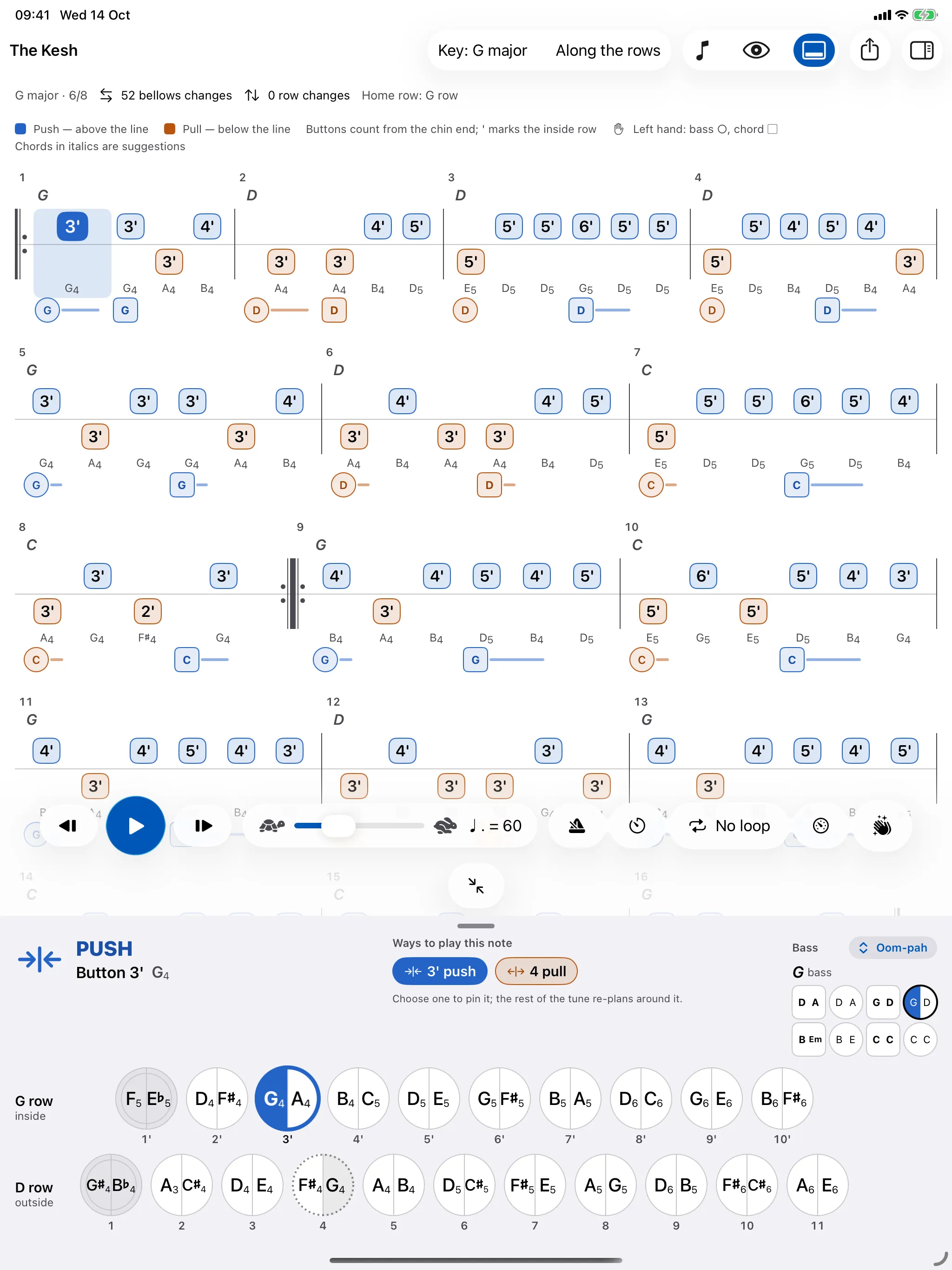 The Kesh in Squeezebox Studio on an iPad: button numbers above the line for push and below for pull, chords above each bar, and the D/G keyboard underneath with the button being played lit